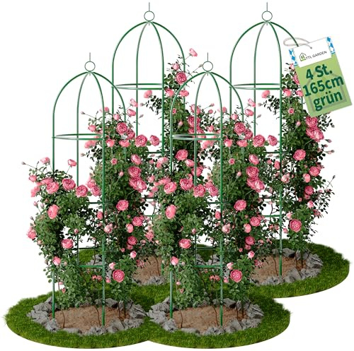 TTL GARDEN 165x40cm Obelisk Rankhilfe L grün 4er Set - Rosen Rankgitter | - Metall rostfrei für Kletterpflanzen Rosen Clematis - pulverbeschichteter Stahl 165 cm hoch 40cm Ø Rankturm Tomaten Gurken