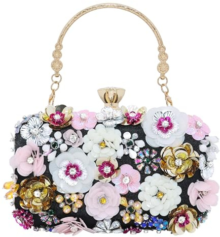 Milisente Damen Clutch Perlen Abendtasche - Elegante Blumen Handtasche für Hochzeit Mit Kristallen und Schultergurt (Schwarz)