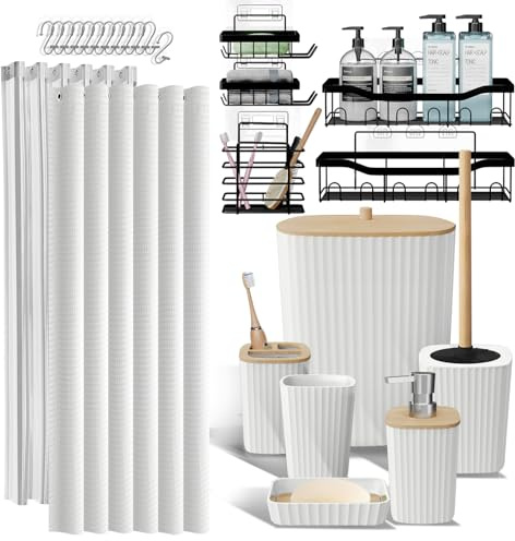 Duschhylla och badrumstillbehör set 25 st badrumstillbehör set med duschhylla caddie för badrumsförvaring, vitt duschdraperiset, toalettborste, papperskorg, tvåldispenser, tandborsthållare