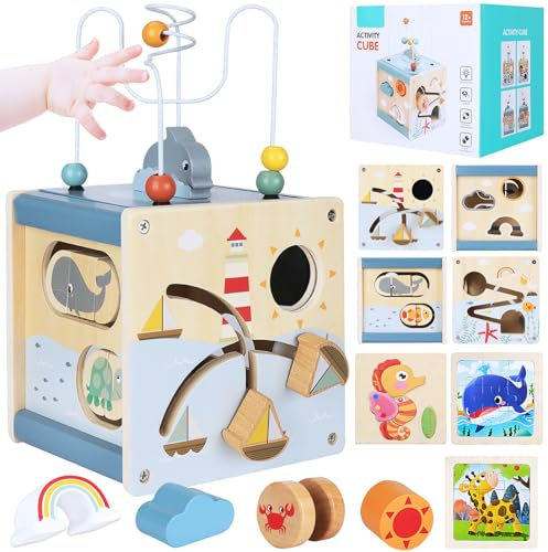 KIMIGO Motorikwürfel Aktivitätswürfel aus Holz,Motorikwürfel Motorikspielzeug ab 1 Jahr,Motorikwürfel Holz Motorikspielzeug Baby Activity Würfel,Motorikwürfel ab 1 Jahr Aktivitätswürfel Stapel