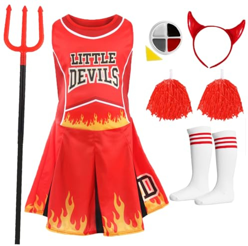 Childs Halloween Devil Cheerleader - Medium - Cheerleader Dress + Socks + Pom Poms + Face Paint + Horns + Devil Pitchfork - Perfect for Halloween
