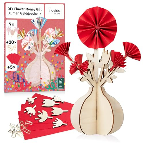Inovida Geldgeschenke Geburtstag: Schöne Blumenvase aus Holz als Geldgeschenke Verpackung – Geburtstagskarte Geldgeschenk Verpacken – Geldgeschenk Hochzeit oder Weihnachten