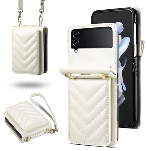 YDIJCYAN Fodral för Samsung Galaxy Z Flip 5 plånboksfodral plånboksfodral i PU-läder med avtagbar och justerbar rem och RFID-stöldskydd,folioskydd för Samsung Z Flip 5 fodral,vit