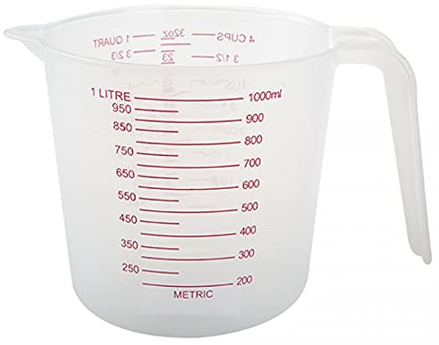 Jarra medidora de plástico de 1 litro con medidas claras que se muestran en ml, cl, fl oz y pintas