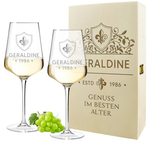 polar-effekt Lot de 2 verres à vin de 560 ml et coffret cadeau en bois avec gravure – Cadeau d'anniversaire personnalisé – Caisse en bois d'épicéa – Finition à la main