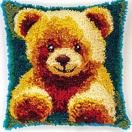 WallustrioaW Weihnachten Knüpfkissen Zum Selbermachen,Kissen Knüpfen Kit,Cartoon Braunbär und Geschenk,DIY Kissen Knüpfen Set Knüpfteppiche Sofakissenbezug Handgemachte Geschenke,43x43cm