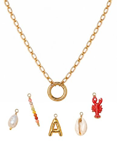 Charm Kette Gold Damen, Personalisierbar mit Buchstaben, Muschel & Hummer | Edelstahl, Wasserfest, Handgemacht in Deutschland