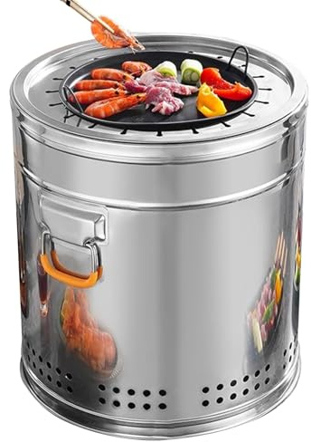 WPWSDWMX Horno Vertical, Ahumar Carbón, Parrilla de Barril de Acero Inoxidable de 360°, Parrilla sin Humo con Placa Antiadherente y Rejilla(32 * 36cm)