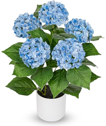 Briful Hortensias artificiales en maceta, plantas de hortensias artificiales de 19.6 pulgadas con 5 cabezas de flores, hortensias de tacto real, flores artificiales azules para sala de estar, baño