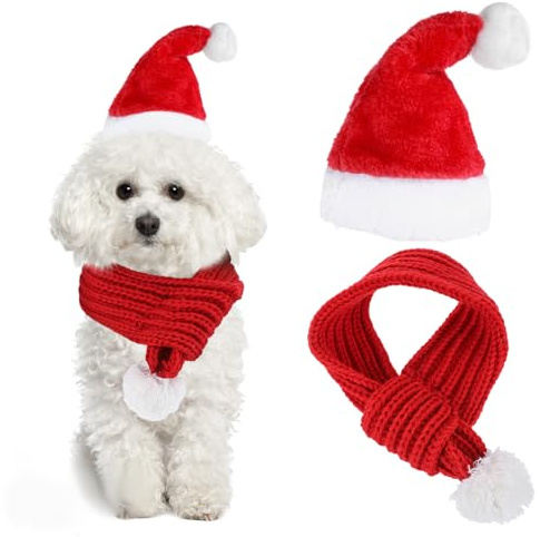 Weihnachtsmütze und Schal, verstellbare Nikolausmütze für Hunde, roter Strickschal mit weißem Bommel, Winter-Halswärmer, Schal, Katzenhals-Kostüm-Set für Katzen und kleine Hunde (39 cm)