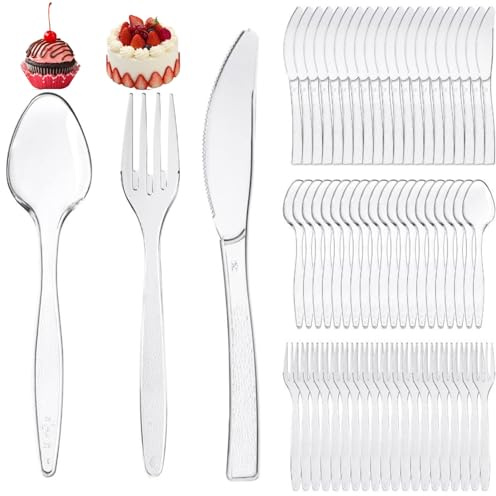 Förpackning med 150 återanvändbara klara bestick – högkvalitativ transparent gaffel och sked, praktisk transparent sked, klara spolbara dessertgafflar för husfest camping
