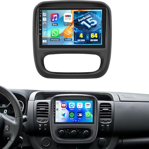 CAMECHO [4+64G] Android 15 Carplay Autoradio pour Renault Trafic 3 2014-2021/Opel Vivaro B 2014-2018, Nav Carplay Android Auto, 9'' Écran Tactile Bluetooth Radio Lien Miroir WiFi FM/RDS EQ +Caméra