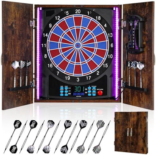Yirinatek Dartscheibe Elektronisch, Dekoratives Elektronische Dartscheibe Schrank [6 Bronze Soft-Tip Pfeile], Eigene Lichtfarbe for Jeder Spieler, Profi E Dart Scheibe mit Holzschranktüren