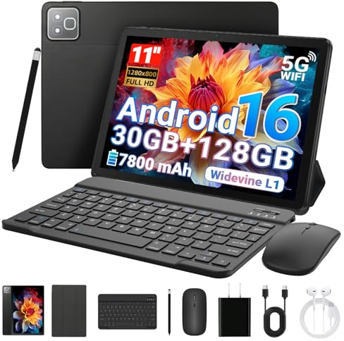 MUISOO Android 16 Tablet, 11 inch Tablet with Keyboard Mouse Pen Case, 30GB RAM 128GB ROM(1TB TF Expand), 7800mAh, WiFi 6, BT5.4, Dual Camera, 2 in 1 Tablets Bundle Pad PC for Work Study