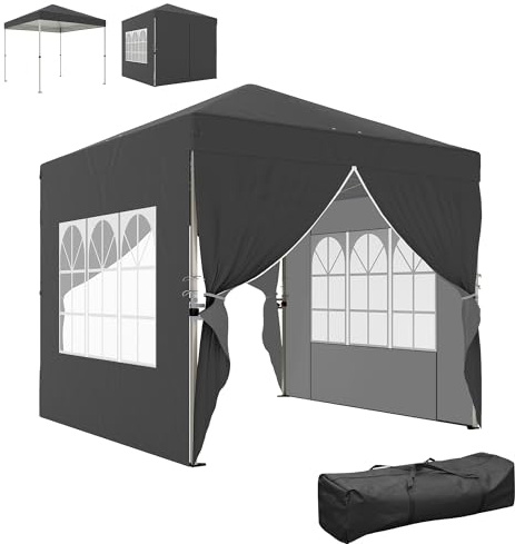 Outsunny Trädgårdspaviljong 2,5 x 2,5 m Pop up höjdjusterbart hopfällbart tält UV50+ vikbar paviljong med 4 sidoväggar 4 sandväskor bärväska enkel montering mörkgrå