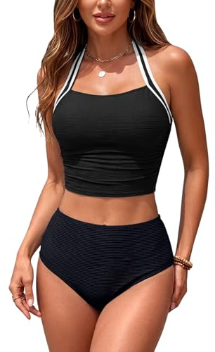 SHEKINI Womens Bikini Set Halter Two Piece Swimsuits | Sporty Contrast Color Trim, Ribbed Bathing Suit, High Waisted Swimwear for Beach Pool, Removable Pads