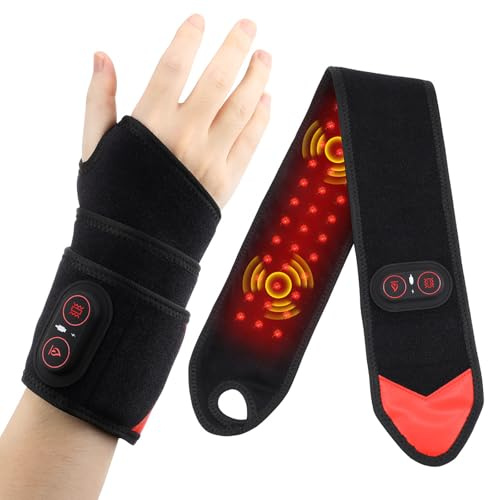 Masajeador de Muñeca con Luz Roja y Vibración, Masajeador de Manos Inalámbrico y Almohadilla Térmica, Banda de Muñeca Calefactable para Mano, Brazo, Rodilla y Tobillo (Black)