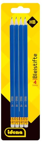Idena 20013 - Bleistift, 4 Stück, Härte HB, mit Radiertip, Blau