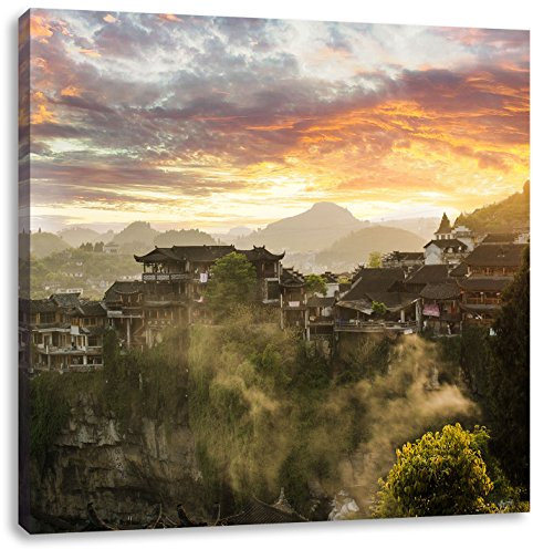 Pixxprint Gigantisches Dorf in China, Größe: 70x70, Leinwandbild Quadratisch, Wandbild, Kunstdruck, fertig bespannt