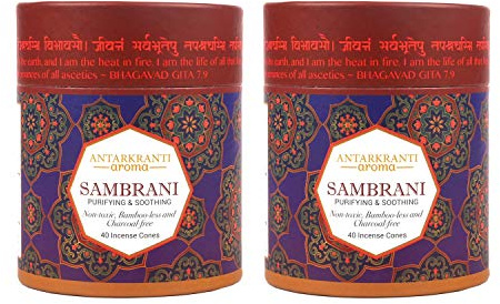 Sacred Life Dry Dhoop Sambrani - Conos de incienso (2 unidades, 80 conos de incienso, tiempo de combustión de 35 minutos), sin humo para Pooja, 100% orgánico y sin carbón, aromaterapia, meditación