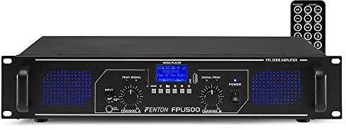 Fenton FPL1500 Bluetooth Digital DJ Amplifier - 2 Channel Class D Power Amp, Wireless Audio Streaming, USB/SD MP3 Player, Remote Control, 2U 19 Inch Rack Mount, LED Display, 3000W Output