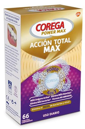 Corega Acción Total Tabletas Limpiadoras para Prótesis Dentales, Férula Dental y Ortodoncia, Uso Diario, 66 Tabletas, El ambalaje puede variar