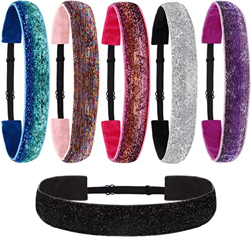 Belle Vous Pack de 6 Diademas Mujer y Niñas Elásticas con Purpurina - Cinta Pelo Mujer Antideslizante - Diadema Negra, Azul, Plateada, Arcoíris, Rosa y Morada - Para Deportes, Ejercicio y Gimnasia