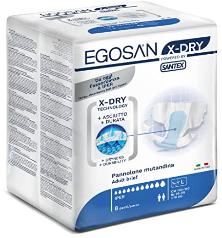 Egosan Lot de 8 couches d'incontinence pour adulte avec 8 heures de protection Technologie X-Dry pour une absorption supérieure, jetables avec languettes réglables pour homme et femme (taille L)