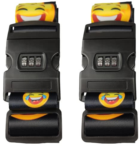 BASI | Koffergurt Smiley mit Zahlenschloss 3-stellig | 2er Set | auffälliges Kofferband | Robustes Gepackband Gepäckgurt | verstellbar | 2 Stück