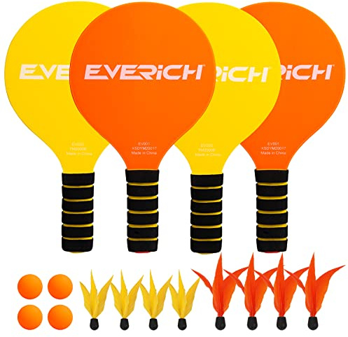 INPODAK Beach Ball Spiel Set,Strandball Schlägerset für Kinder,2 Schläger, 4 Federbälle, 2 Bälle,Paddleball Spielset,Sommer Strand Pool Garten Spiel für Familie und Party(Gelb&orange)