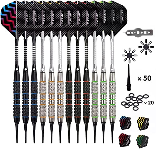 Turnart Darts Plastic Tip - Professional Soft Tip Darts Set for Electronic Dartboard 12 Pcs 18 Grams with 50 Extra Tips 24 Flights 2 Flight Protctors and Tool Kit Gift Darts (New)