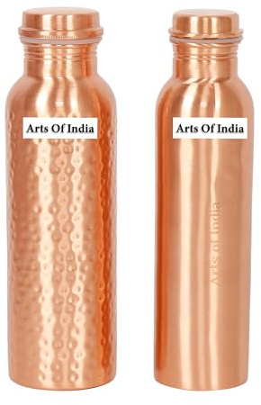 Arts Of India Trinkflaschen-Set aus reinem Kupfer, Fassungsvermögen 1000 ml, 2 Stück, gehämmert und einfarbig | Trinkgeschirr-Set, 1000 ml Fassungsvermögen, 1000 ml