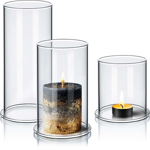 Tuuters 3er Windlicht Glas Set mit Ø90mm Kerzenglas mit Kerzenhalter Glas | 3 Stück Windlichtgläser 9 cm Durchmesser für Kerzen, Höhen 100/150/200 mm, Glaszylinder für Kerzen, Windlichter, Outdoor