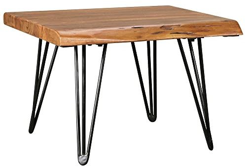 möbelando Design Couchtisch Sheesham Massivholz Tisch Baumkante 56 x 38 x 51 cm | Sheesham Holztisch mit Metallbeinen | Wohnzimmertisch im rustikalen Landhausstil