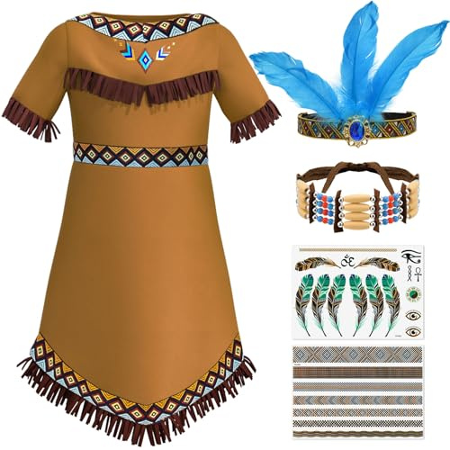 Tacobear Indianer Kostüm Kinder Mädchen mit Feder Stirnband Choker Halskette Tattoo Indianer Kleid für Karneval Fasching Halloween Weihnachten Party Cosplay (110, 4-5 Jahre)