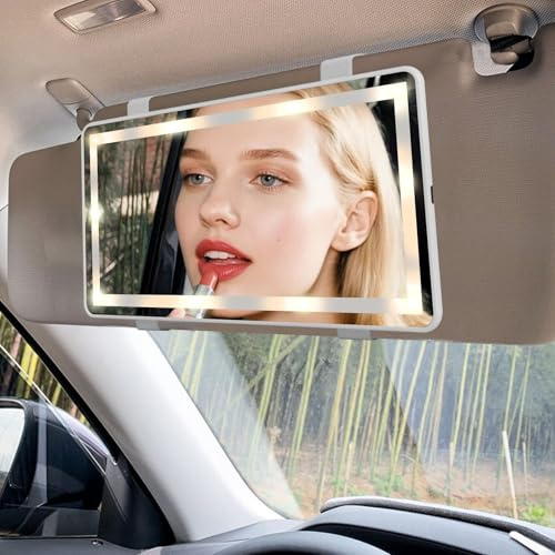 Feisate Car Vanity Mirror with Rechargeable LED Lights, Visor Mirror White | 3 Light Modes & Dimmable Touch Screen, Sunvisor Vanity Mirror, Girly Passenger Side Car Accessories for Women Girl Interior