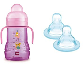 MAM Tazza Trainer, 4+ Mesi, 220 Ml Rosa + MAM - Set 2 Tettarelle Anti Goccia, Flusso Rapido, in Silicone, 4+ Mesi