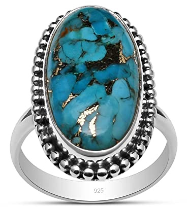 Silver Palace Bague à tige fendue en argent sterling 925 avec perles et turquoises naturelles, Métal Métal Pierre précieuse, Cuivre/turquoise