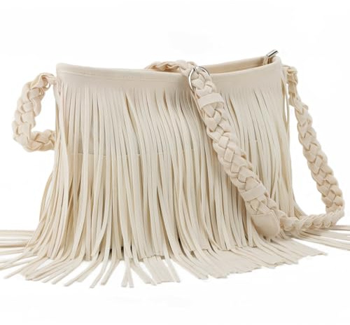 Fecialy Faux mocka fransar axelväskor för kvinnor västerländska hippie axelväska Messenger Bag Sling Bag, Vit