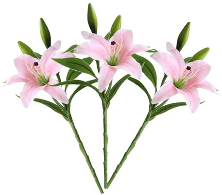 MisFun 3 Pezzi Fiori Finti, Bouquet Fiori Artificiali, Fiori Artificiali Giglio, Bouquet di Giglio, Real Touch, per la Decorazione Della Casa Matrimoni Feste Uffici Ristoranti (Rosa)