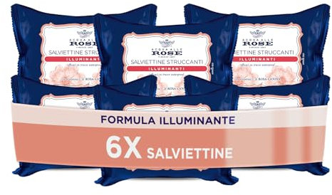 Acqua alle Rose, Salviettine Struccanti Illuminanti per Pelli Spente e Opache, con Vitamina C di Rosa Canina Energizzante, Azione Struccante su Viso, Occhi e Labbra, 6 Confezioni da 20 Salviettine