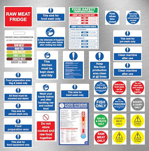 Complete Kitchen Safety Signs Sticker Packs 34 Pack - Compliance in Commercial Kitchens, Hygiene Signage Kit, Laminated Self Adhesive Stickers Blue