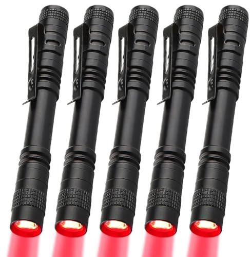 MVIOCS Lot de 5 mini lampes de poche LED rouges étanches avec clip, petites lampes de poche rouges pour le travail, l'astronomie, l'aviation, l'observation de nuit (lumière rouge)