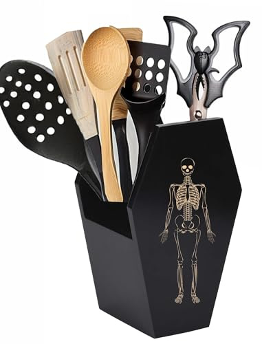 Halloween-Küchendekoration – Gothic-Küchenzubehör – Gothic-Küchenzubehör – Gothic-Sarg-Utensilienhalter, doppelseitiges lasergeätztes Skelett, Massivholz, große Kapazität für Fledermäuse, Löffel