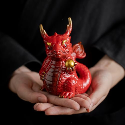Cutfouwe Kleine chinesische Drachen Statue Traditionelle chinesische Dekor Kleine Porzellan Drachen Figur Mythische Kreatur Tiere Dekorative Sammlerstück Figuren Dekor,Rot