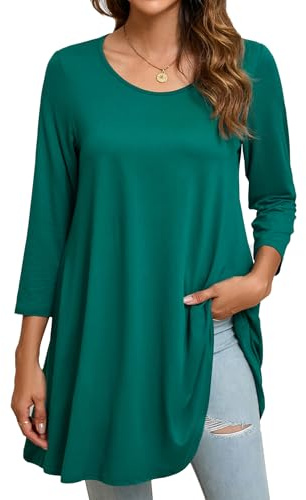 Enmain Dam tunika topp 3/4 långärmad tunika för kvinnor, UK-plusstorlek, rund hals, långärmad, toppar för leggings, dam, swing, t-shirt, vardaglig, lös, stretch, bekväma blusar, skjortor, S-5XL, G1