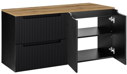 Lomadox Mobile da bagno doppio lavabo 120 cm, nero con quercia, frontale scanalato, senza maniglie