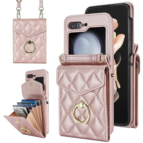 Draamvol for Samsung Galaxy Z Flip 7 FE/Z Flip 6 Phone Case, Wallet Shockproof PU Leather with Card Holder Ring Holder Detachable Necklace Magnetic RFID Blocking Hinge Protection Cover, Rose Gold