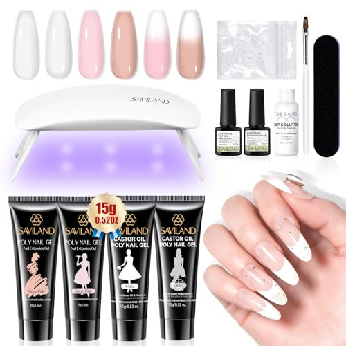 SAVILAND Polygel per Unghie Kit Completo, 4 Colori Gel Ricostruzione Unghie con Base & Top Coat, Lampada UV e Strumenti per Unghie, Estensione Unghie Kit Unghie Gel Nail Art per Fai Da Te a Casa
