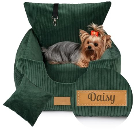 Petsen Hundeautositz – personalisierbares Hundebett fürs Auto mit Sicherheitsleine, abnehmbarem, waschbarem Bezug aus Cordstoff (Oeko-TEX), EU-handgefertigt – für kleine Hunde und Welpen (grün)